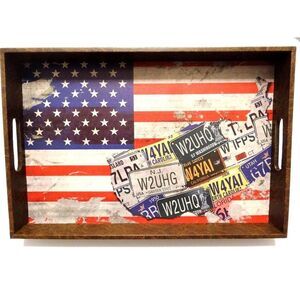 American Flag State License Plates Serving Tray Distressed Wood Red White Blue